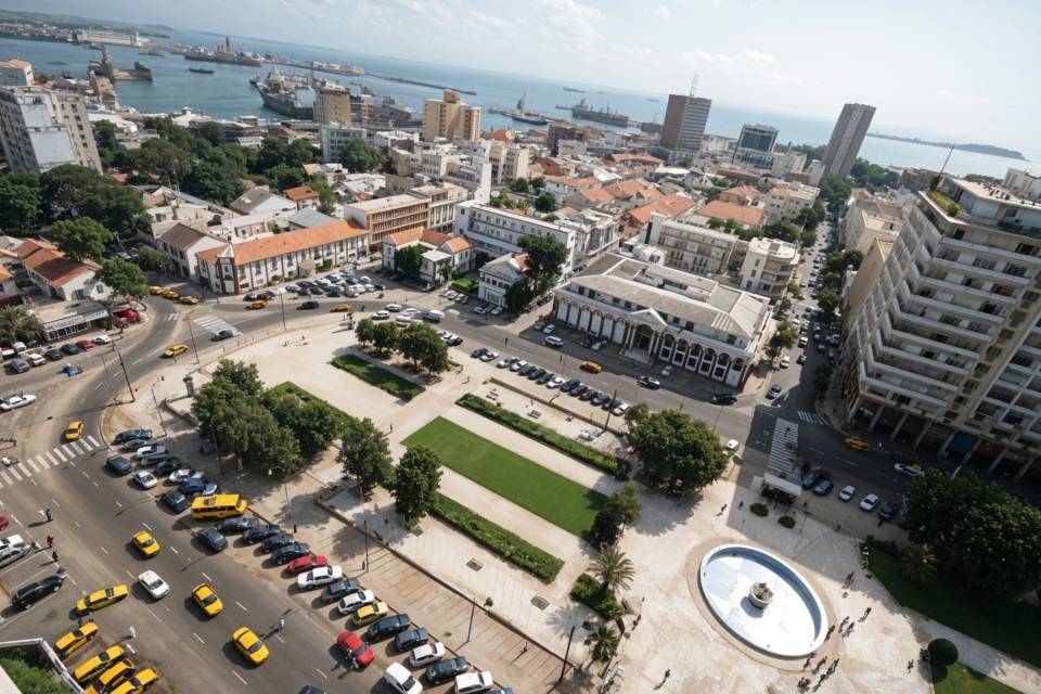 Vue aérienne de la Place de l'Indépendance à Dakar avec bâtiments historiques et fontaine centrale